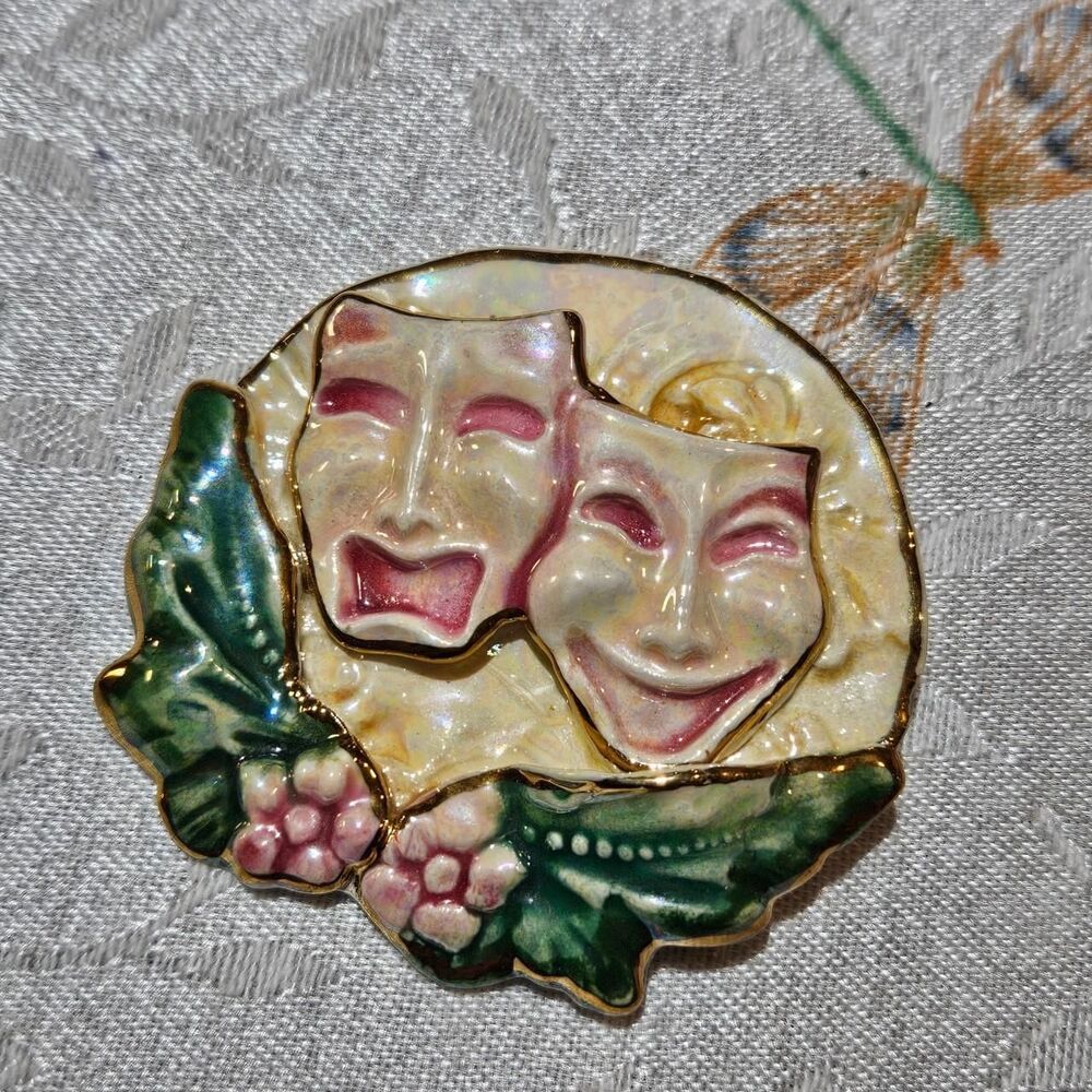 vintage comedy and drama theater masks large brooch